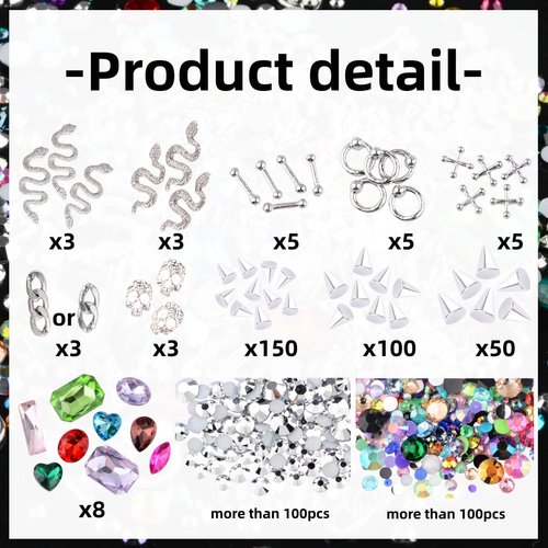 editTime 3D Metal Punk Nail Charms Jewels Kit, 300pcs Alloy Chrome Cone Rivet Spike Snake Skull Studs with 9pcs Big Glass Pointed Bottom Rhinestones and 200pcs Flatback Resin Rhinestones (silver)