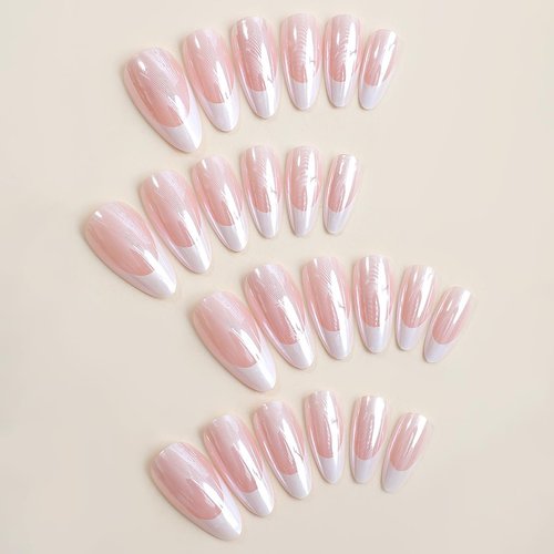 French Tips Fake Nails Medium Almond Press on Nails Chrome Press ons with Glossy Pearl Powder Full Cover Acrylic Nails with Glue on False Nails for Women Nails Decoration 24 Pcs