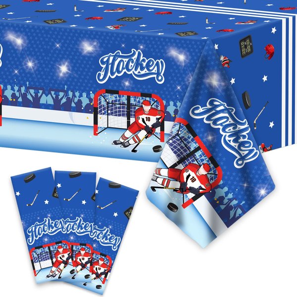 Wiooffen 3pcs Hockey Tablecloth Supplies Ice Hockey Birthday Party Table Cover Favors Decorations Disposable Plastic Tablecloth Birthday Party Sport Events for Kids, 108x54 Inch