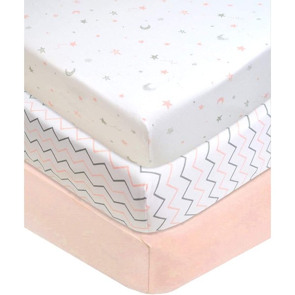 American Baby Company 3 Pack Fitted Crib Sheets 28" x 52", Soft Breathable Neutral 100% Cotton Jersey Sheet, Blush Pink Star/Zigzag, for Boys and Girls, Fits Crib and Toddler Bed mattresses