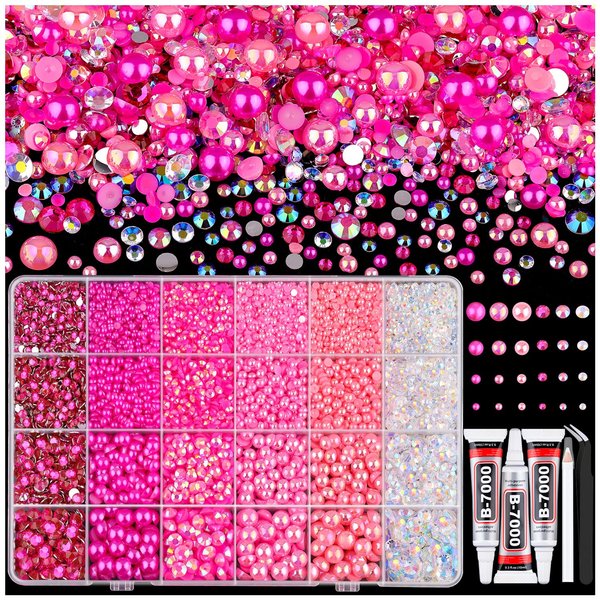 9000PCS Flatback Pearls and Rhinestones for Crafting, Dark Pink 3-10mm Resin Rhinestones and Half Pearls for Bedazzling, Nail Art and Dec with 3pcs B7000 Jewelry Glue, Tweezer and Pickup Pencil