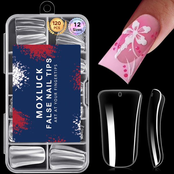Moxluck Full Cover Duck Nail Tips,Clear Curved False Nail Tips 120Pcs Duck Acrylic Nails, Wide Short French Fake Nails For Extensions Home DIY Nail Tips Art 12 Sizes