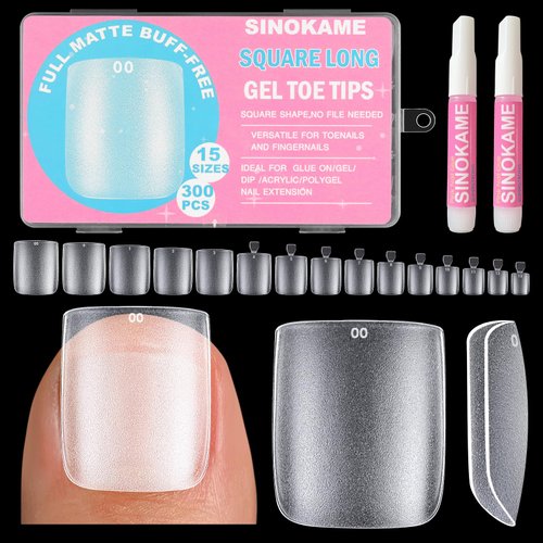 Long Square Toe Nail Tips Full Cover, SINOKAME Matte Soft Gel Toe Nail Press Ons Clear, Soak Off Fake Toenails Kit for Women Men Wide Longer Big Toes Nails,300 Pcs 15 Sizes
