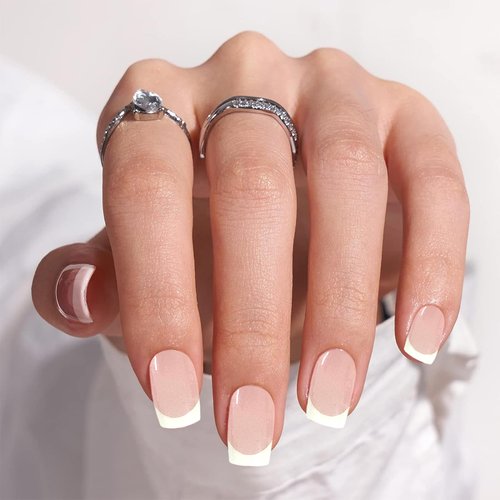 YOSOMK Gel Nail Strips, White Pink French Gel Nail Stickers, UV Free, Long Lasting 16 Nail Wraps for Women, French Tip Nail Polsih Stickers, Includes 1 Nail File, 1 Wooden Stick and 2 Prep Pad