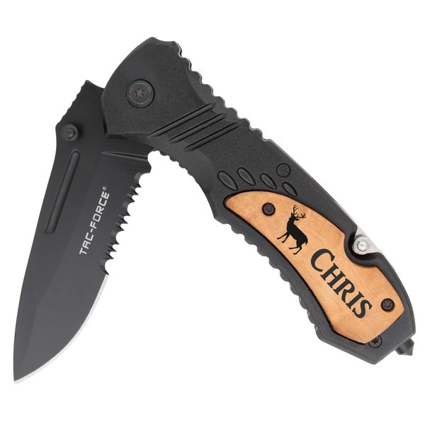 Palmetto Wood Shop Custom Pocket Knife - Laser Engraved Pocket Knife Gift for Men, Custom Knife for Camping, Hunting, Everyday Carry - 3.25-inch Stainless Steel Blade, 4.5-inch Black/Wood Handle