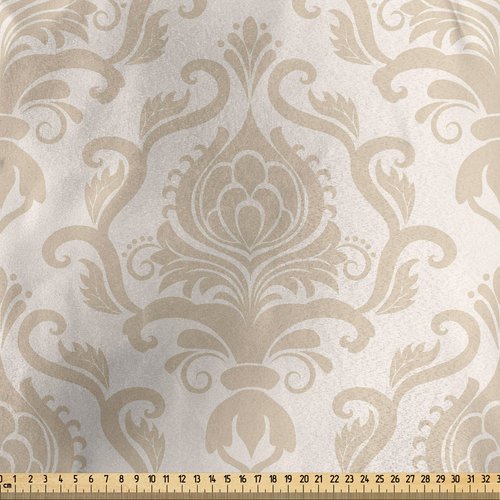 Lunarable Victorian Fabric by The Yard, Curlicues with Floral Ornaments Rococo Pattern Leaves Damask Inspired Nude Tones, Decorative Satin Fabric for Home Textiles and Crafts, 1 Yards, Cream Tan