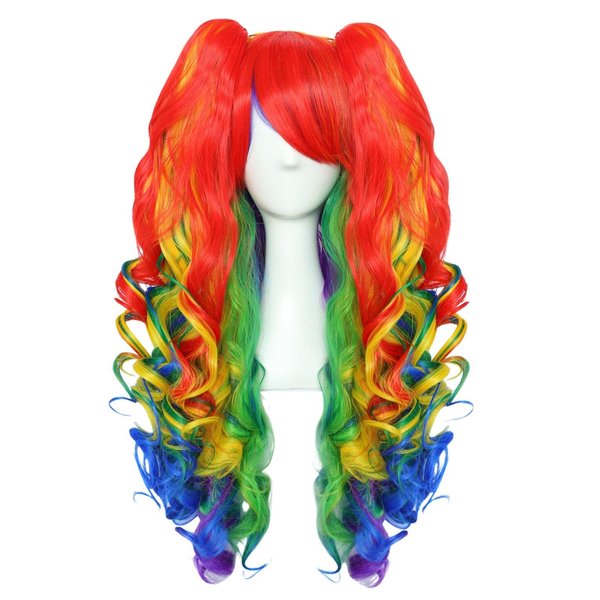 JoneTing Rainbow Ponytail Wig【+Wig Cap】Rainbow Cosplay Wig with Pigtails Curly Rainbow Wig with Double Ponytails Long Curly Multi-Red Rainbow Wigs for Halloween Christmas Party Costume Wigs for Cosers