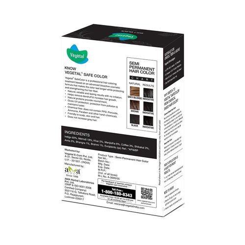 Vegetal Safe Hair Color -Soft Black 100g. - Certified Organic Chemical and Allergy Free Bio Natural Hair Colour with No Ammonia Formula for Men and Women