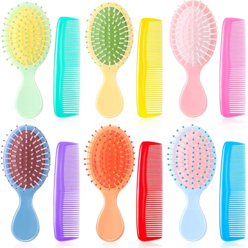 12 Pcs Mini Hair Brush and Detangler Set - Travel Sized, Plastic Brushes and Combs for Kids' Wet, Curly, or Tangled Hair, Multicolored