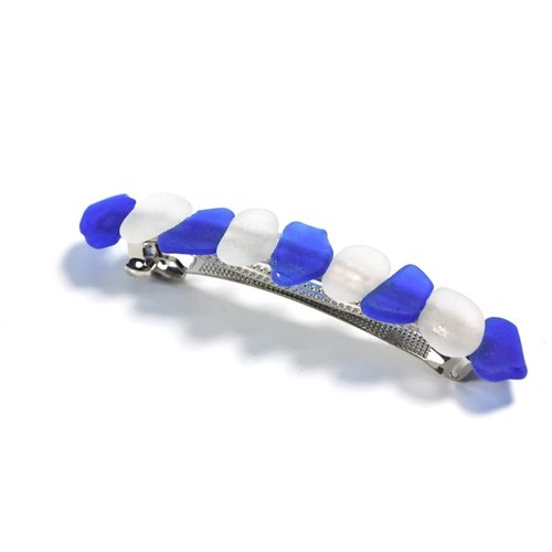 Genuine Surf Tumbled Frosted White and Blue Sea Glass French Barrette Hair Clip 4" or 100 mm Length - Quantity of 1