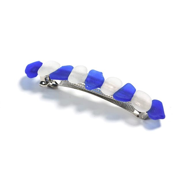 Genuine Surf Tumbled Frosted White and Blue Sea Glass French Barrette Hair Clip 4" or 100 mm Length - Quantity of 1