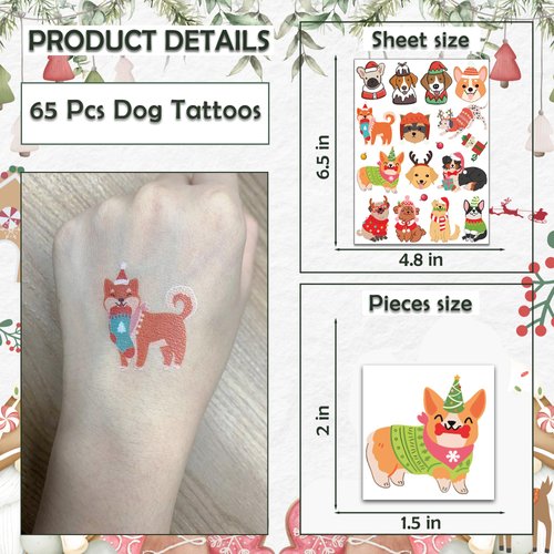 65 PCS Dog Temporary Tattoos for Party Supplies, Cat Tattoo Stickers for Birthday Parties, Chistmas Tattoos Party Favor, Waterproof Birthday Halloween Tattoos. (Dog)