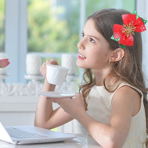 Hair Bows Snowflake Sequins Bow Hair Clips Glitter Hairpin Red Green Christmas Tree Ribbon Hand Print Hair Clips Toddler Girls Kids Bow Claw Clips for Thick Thin Hair Decor Xmas Party 2PCS