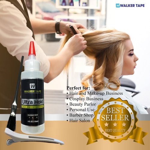 Walker Tape Co. 4fl oz Nozzle Top Ultra Hold Bold Hold Waterproof Adhesive w/Brush Applicator and Hair Clip (White) Bundle Saver Pack , Wigs Weave Front Super Bonding Glue Active Lace Liquid Glue