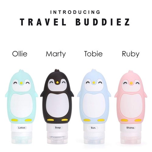 Kanga Care Travel Buddiez Penguin 3oz Refillable Silicone Leak Proof Toiletry Bottle 4 Pack set for Shampoo Conditioner Lotion Face Body Wash - Penguin Family (4 pack) Multicolored