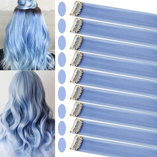 SARARHY 16 PCS Colored Hair Extensions Clip in Holiday Party Highlights 21 inch Straight Synthetic Light Blue Hairpieces for Girls Women Blue Hair Accessories (Light blue)