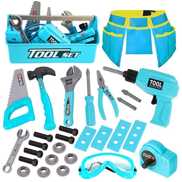LOYO Kids Toys Tool Set - Pretend Play Construction Toy with Tool Box Kids Tool Belt Electronic Toy Drill Construction Accessories Gift for Toddlers Boys Ages 3 , 4, 5, 6, 7 Years Old (Blue)