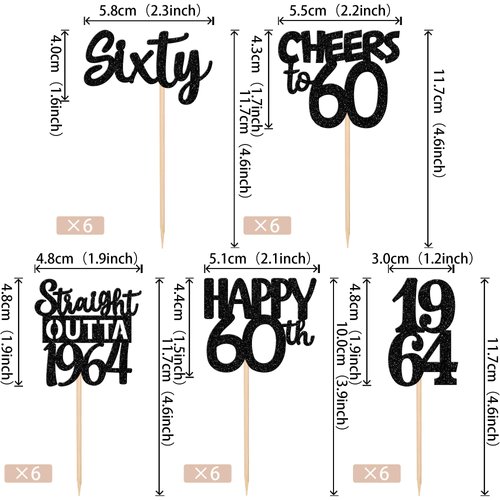 30PCS Black 60th Birthday Cupcake Toppers Glitter Sixty Happy 60th Straight Outta 1964 Cupcake Picks for Cheers to 60 Years 60th Birthday Wedding Anniversary Party Decoration Supplies