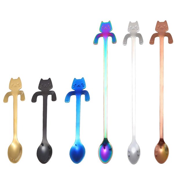 6 PCS Cat Spoon Coffee Tea spoon Set, ESRISE Stainless Steel Hanging Cup Teaspoons Demitasse Mini Long Cute Kitten Stirring Spoon for Dessert Drink Mixing Milkshake (Multi)
