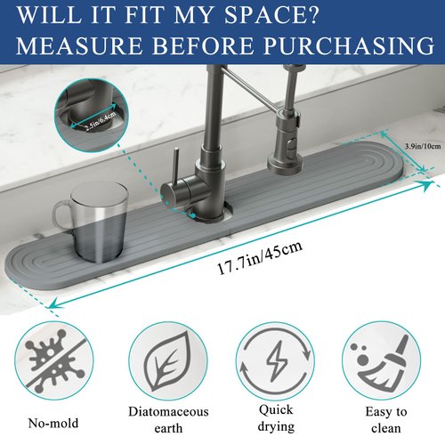 Kitchen Faucet Absorbent Mat - Instant Dry, Non Slip, Prevents Moisture Buildup, Diatomaceous Earth Splash Guard for Kitchen Sink Bathroom Counter[Light Grey, 17.7*3.9inch]