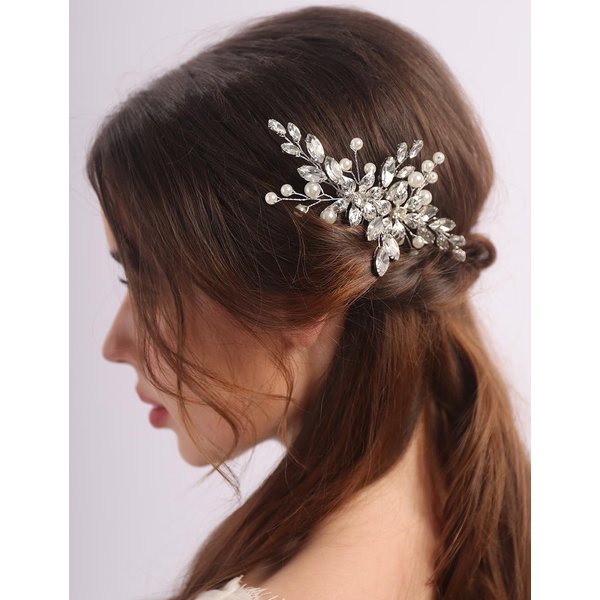 BERYUAN Pearls Rhinestone Hair Comb Women Girls Rhinestone Crystal Flowers Hair Comb Silver Teardrop Rhinestone Pearls Headpiece Wedding Headpiece for Women