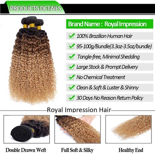 12A Ombre Brazilian Virgin Curly Hair 3 Bundles (T1B/30/27,20" 22" 24") Ombre Virgin Remy Kinky Curly Human Hair Weave Bundles 100% Unprocessed Virgin Remy Hair Bundles 3 Tone Ombre Hair Bundles