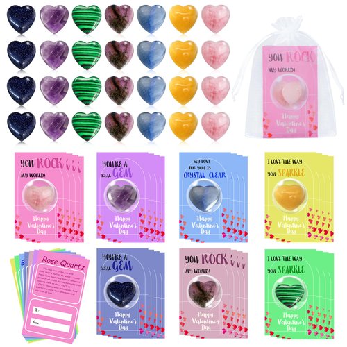 28 Pack Valentines Bags for kids Class, Valentines Day Gifts Bulk Valentines Cards Goodie Bags with Heart Stones and Stone Science, Natural Crystal Stones Rocks Exchange Party Favors for School Class