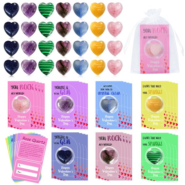 28 Pack Valentines Bags for kids Class, Valentines Day Gifts Bulk Valentines Cards Goodie Bags with Heart Stones and Stone Science, Natural Crystal Stones Rocks Exchange Party Favors for School Class