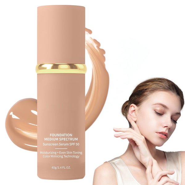 Foundation 4 in 1 Liquid Foundation, Hydrating Medium Spectrum Full Coverage Concealer with SPF 50+, Longwearing & Waterproof Makeup 1.4 oz