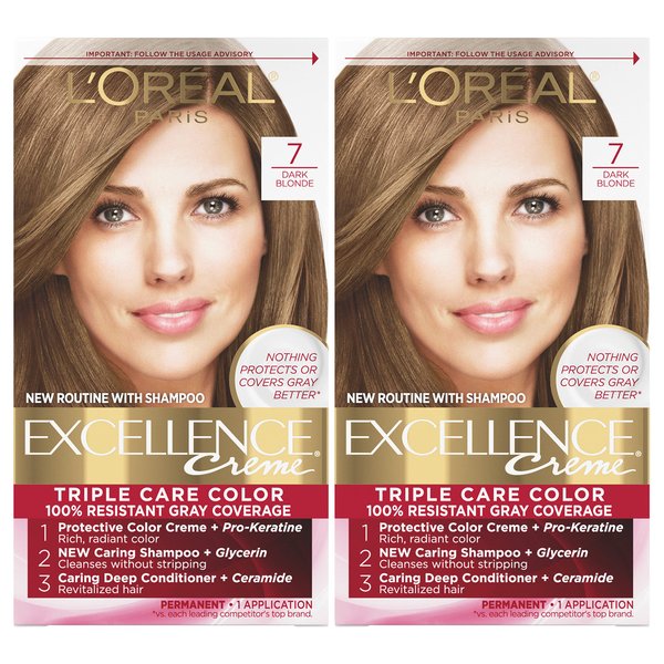 L'Oreal Paris Excellence Creme Permanent Hair Color, 7 Dark Blonde, 100 percent Gray Coverage Hair Dye, Pack of 2