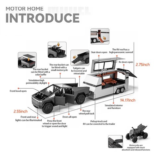 1/32 Pickup Trailer RV Model Kit, Off-Road Vehicle Alloy,Car Model Diecast Metal Toy,Truck Model Simulation Sound Light,Gifts for boy Girl. (with RV Black)