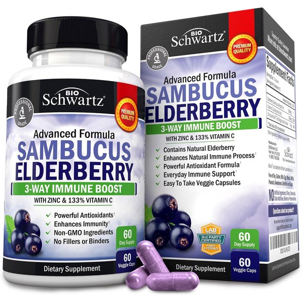 Elderberry with Zinc and Vitamin C for Adults - Immune Support Vitamins for Women and Men Natural Elderberries Black Sambucus Capsules - Immune Defense Multiminerals Supplement, Gluten-Free, 60 Ct