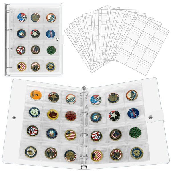PACMAXI 120 Pockets Challenge Coin Storage Book, 10 Sheets Coin Pocket Pages Hold up 120 Coins, A4 Clear Challenge Coin Collection Book, Challenge Coin Display Booklet