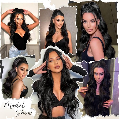 CHRSHN Ponytail Extension, Black Drawstring Ponytail Extension for Women 26 Inch Long Wavy Ponytail Extension Synthetic Clip in Pony Tails Hair Extensions for Women Girls