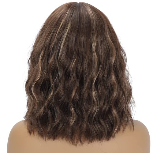 PESSN Short Brown Wavy Wigs with Bangs for Women,Synthetic Realistic Wavy Curly Bob Wig Shoulder Length,Short Brown Bob Wigs Natural Wave Curly Bob Wigs for Women …