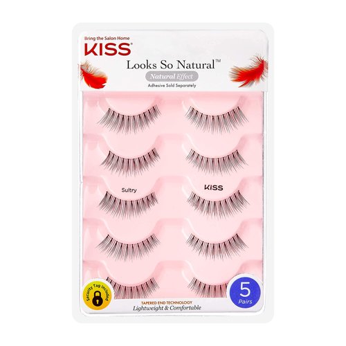 KISS Looks So Natural, False Eyelashes, Sultry', 12 mm, Includes 5 Pairs Of Lashes, Contact Lens Friendly, Easy to Apply, Reusable Strip Lashes, Glue-On