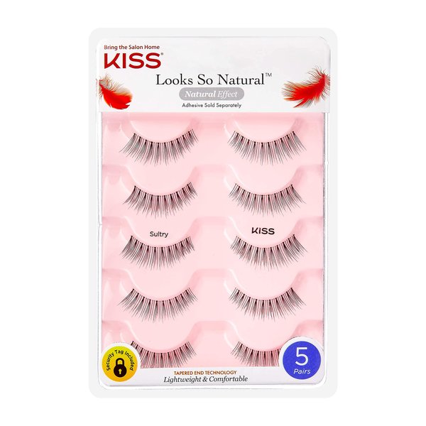 KISS Looks So Natural, False Eyelashes, Sultry', 12 mm, Includes 5 Pairs Of Lashes, Contact Lens Friendly, Easy to Apply, Reusable Strip Lashes, Glue-On
