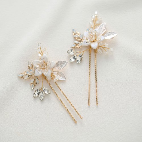 SWEETV 2Pcs Handmade Wedding Hair Pins,Flower Bridal Hair Pin-Beaded Wedding Hair Accessories for Brides