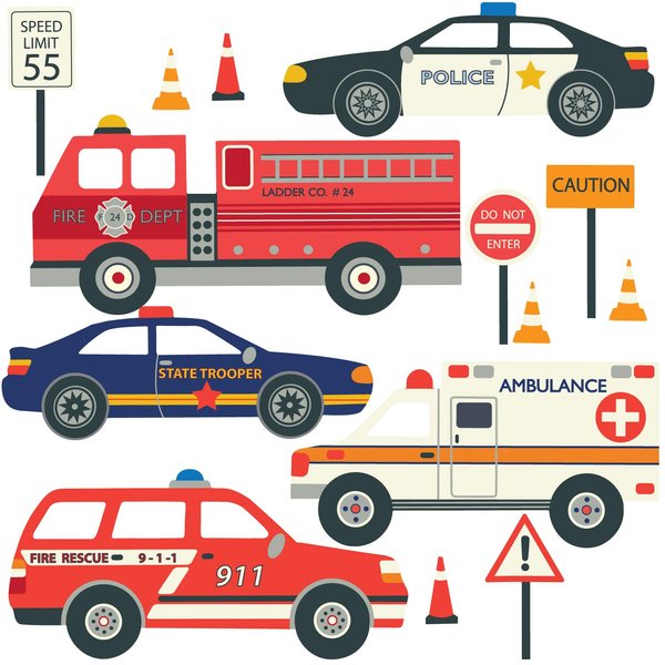 EMS Emergency Vehicles Wall Decals Fire Trucks, Ambulance, Police Cars Wall Decals Eco-Friendly Peel and Stick!