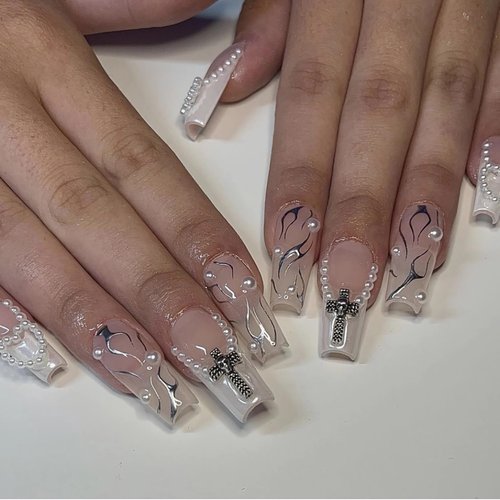 BABALAL Coffin Press on Nails Long Fake Nails White French Glue on Nails 3d Cross Pearl Heart Acrylic Nails 24Pcs Ballerina Y2k Manicure Artificial False Nails for Women and Girls