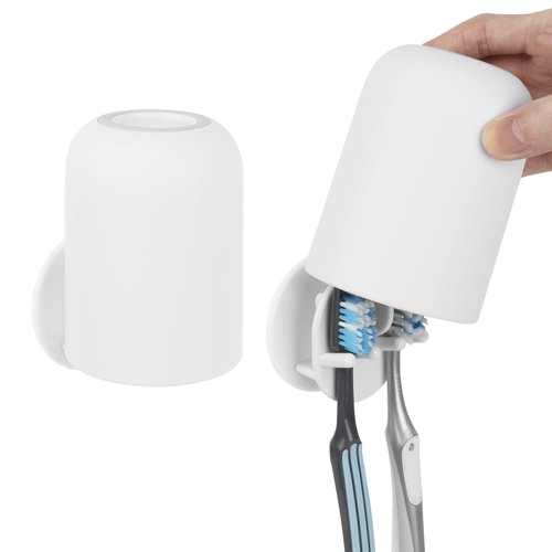 2 Pack Toothbrush Holders for Bathrooms Shower, Wall Mount Toothbrush Organizer with Mouthwash Cup, Self Adhesive Electric Toothbrush Storage, Easy to Clean Toothbrush Hanger