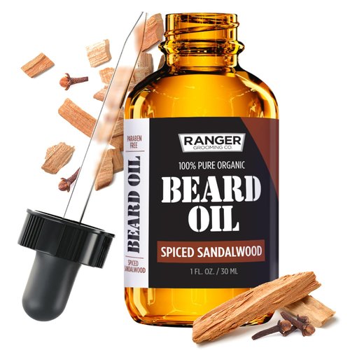 Spiced Sandalwood Beard Oil & Leave In Conditioner by Ranger Grooming Co by Leven Rose, 100% Pure Natural Organic for Groomed Beards, Mustaches, and Moisturized Skin 1 oz