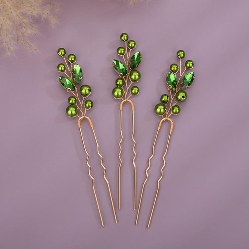 Teyglen 3pcs Pearl Wedding Hair Pins Bridal Crystal Pearl Hair Pins Clips Handmade Blue Red Green Rhinestone Hair Piece Party Wedding Hair Accessories for Women Girls (Green)