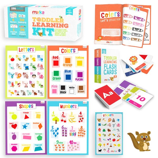 merka Toddler Flash Cards ABC Flash Cards Toddler Learning Flash Cards Preschool Homeschool Curriculum Kit Practice Book Sticker Set and Posters Learning Letters Numbers Shapes and Colors