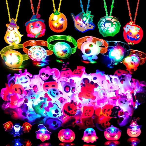 Halloween Party Favors for Kids - 42 PCS LED Halloween Light Up Toys including Necklaces Rings Bracelets Brooches,Glow in the Dark Halloween Decorations,Halloween Treats Non Candy Goodie Bag Fillers