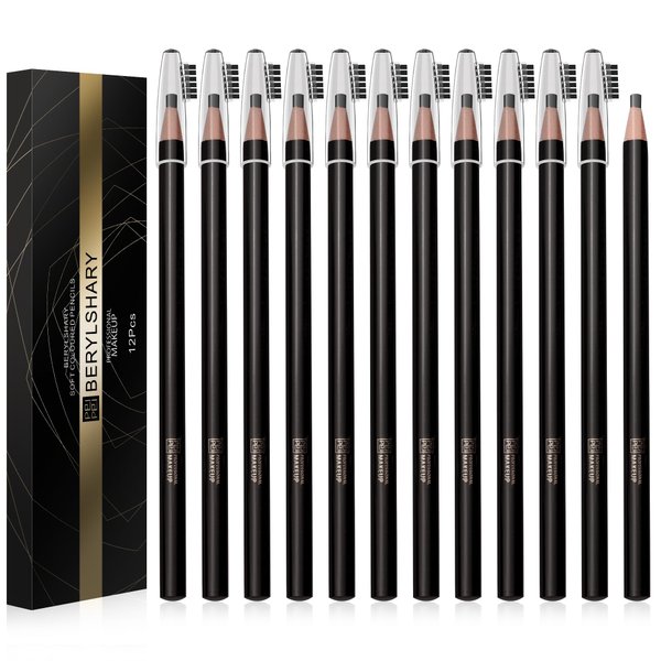 BERYLSHARY waterproof pull eyebrow pencil, 12 pieces, dark brown, light brown, black, sweat resistant, long-lasting and non discoloring, essential for beginners (12 PCS Dark brown)