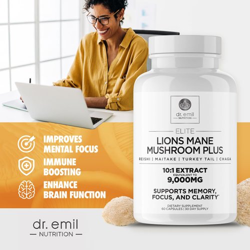 DR EMIL NUTRITION 9000mg Organic Lions Mane Supplement Capsules for Mental Clarity, Focus & Cognitive Support - Brain Boosting Nootropic Mushroom Supplement with Lion's Mane, Chaga, Reishi & Maitake