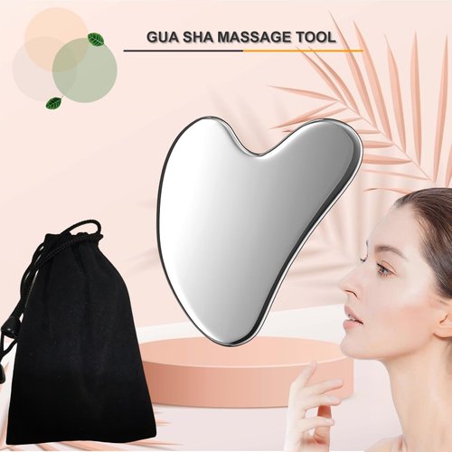 Hysotok Stainless Steel Gua Sha Facial Tools, Face Roller and Gua Sha Set for Facial Massage, Neck, Eyes, Body, Chin Lift, and Skin Tightening (Silver Heart)
