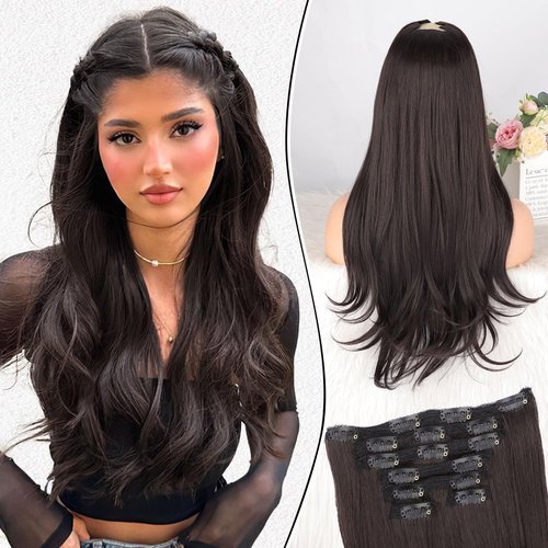AISI BEAUTY Dark Brown Hair Extensions,Clip in Synthetic Hair Extensions,7PCS Long Straight Layered Hair Extensions for Women Upgrade Soft Lace Weft Lightweight Hair Extensions(20 Inches)