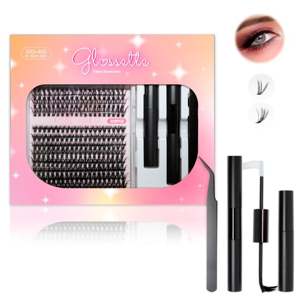 Glossette DIY Lash Extension Kit – 320pcs Natural Lash Clusters 9-16mm, 30D/40D D Curl, Reusable with Bond, Seal & Tweezers